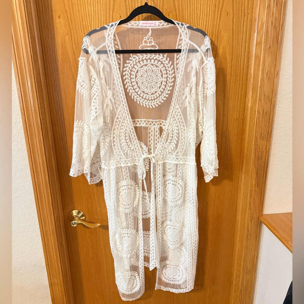 Sheer Lace Kimono Cardigan - White